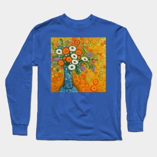 Cute Abstract Flowers in a Blue Vase Still Life Painting Long Sleeve T-Shirt